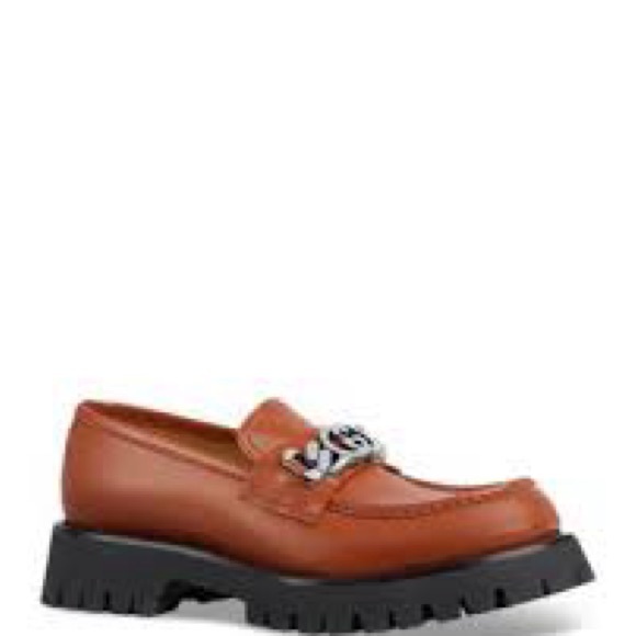 Gucci men’s moc toe lug sole Brown Loafers with Chain Detail - Picture 1 of 9